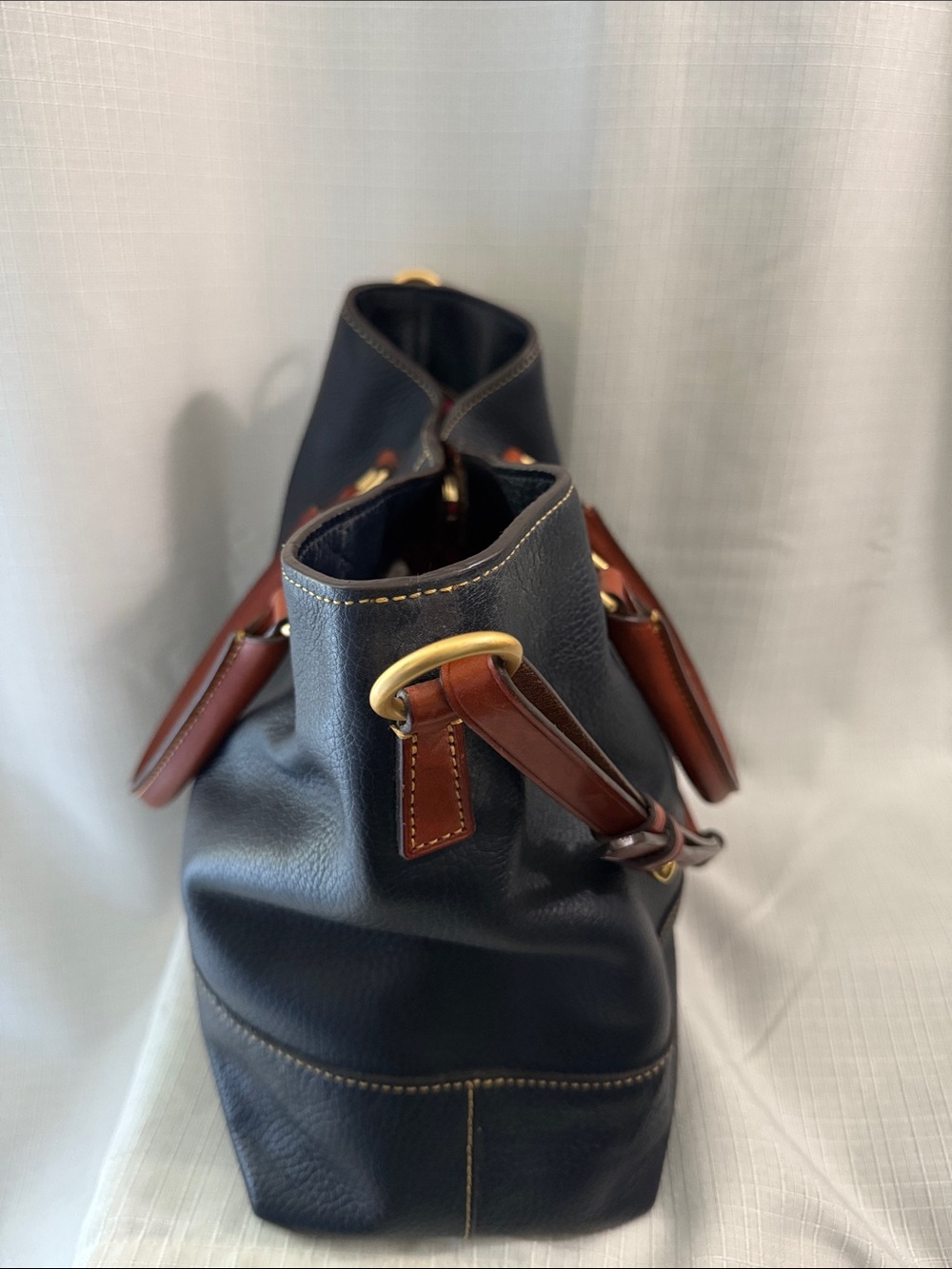 Dooney & Bourke Navy Pebble Leather Tote with Brown Handles and Gold Hardware - Picture 3 of 8